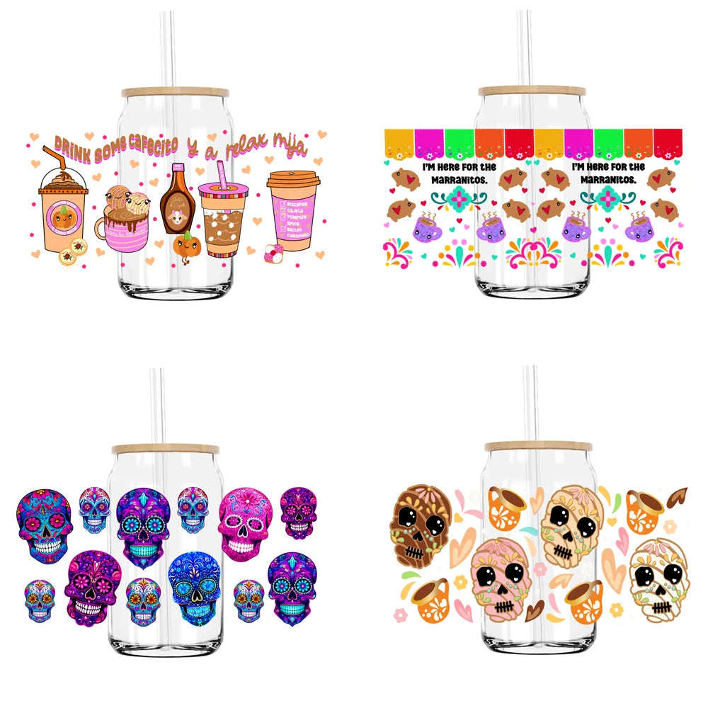 Mexican Sugar Skull 16OZ UV DTF Cup Wrap Transfers Stickers Custom Labels DIY Durable Waterproof Logo For Libbey Glass Can