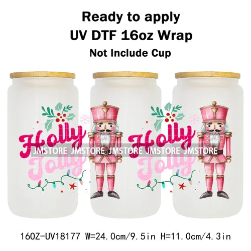 Faux Glitter Preppy Nutcracker Christmas UV DTF Cup Wrap Ready To Apply Transfer Sticker 16OZ Tumbler Wraps For Libbey Glass Can