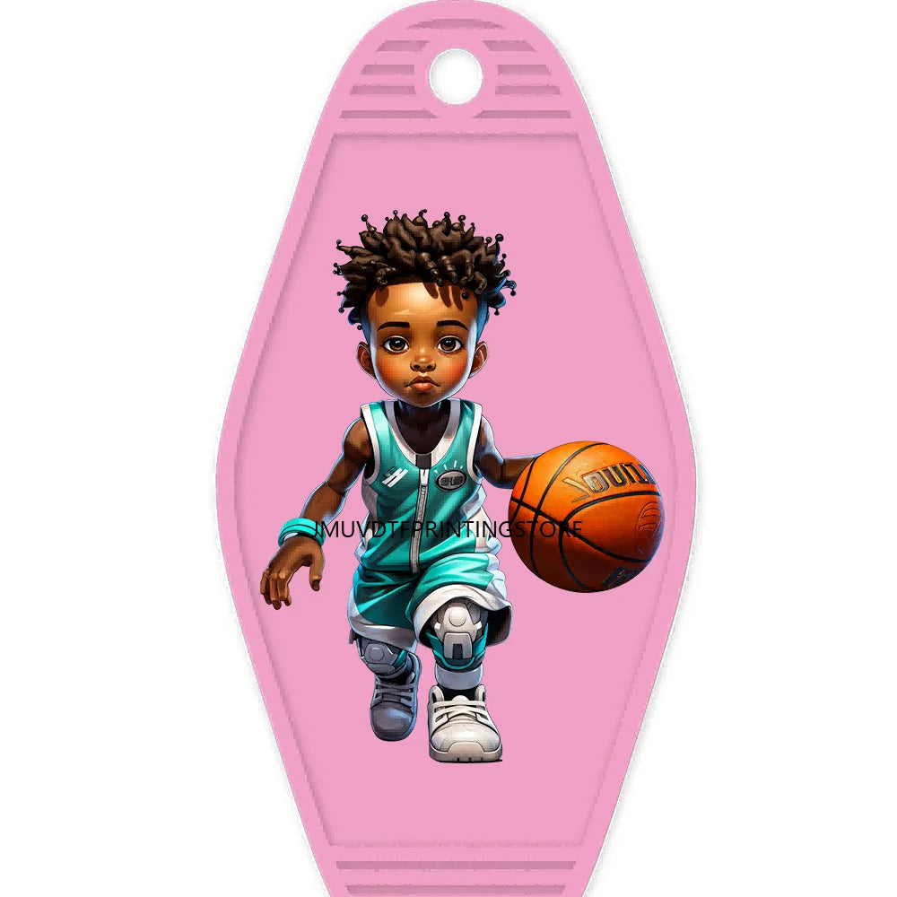 Sport Basketball Football School Black Boys High Quality WaterProof UV DTF Sticker For Motel Hotel Keychain