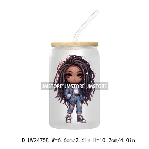 Black Chibi Girl UV DTF Transfers Stickers Decals For Libbey Cold Cups Mugs Tumbler Waterproof DIY Craft Beautiful Afro Woman