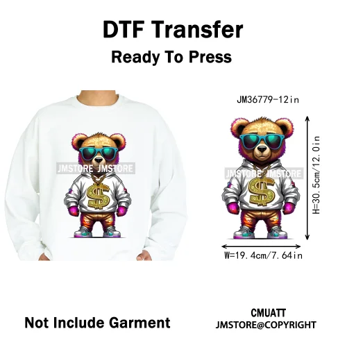 12in Cartoon Gangster Hip Hop Streetwear Teddy Bear Lover Designs Iron on DTF Heat Transfers Stickers Ready to Press for Hoodies