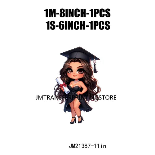 Cool Pretty Chibi Latina College Graduation Girls Educated Diploma Iron On DTF Transfer Stickers Ready To Press For T-shirts