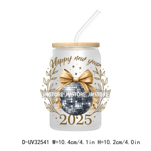 Coquette Bow New Year 2025 Champagne And Chill Party 16OZ UV Cup Wrap DTF Transfer Stickers For Libbey Glass Can Cup Tumbler