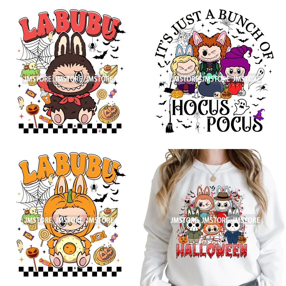 Cute Checkered Spooky Doll Monster Characters Halloween Iron on DTF Washable Heat Transfers Stickers Ready to Press for Textile
