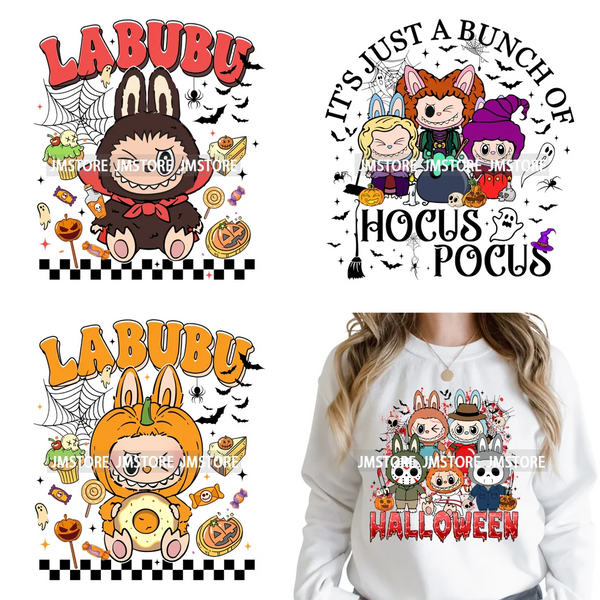 Cute Checkered Spooky Doll Monster Characters Halloween Iron on DTF Washable Heat Transfers Stickers Ready to Press for Textile