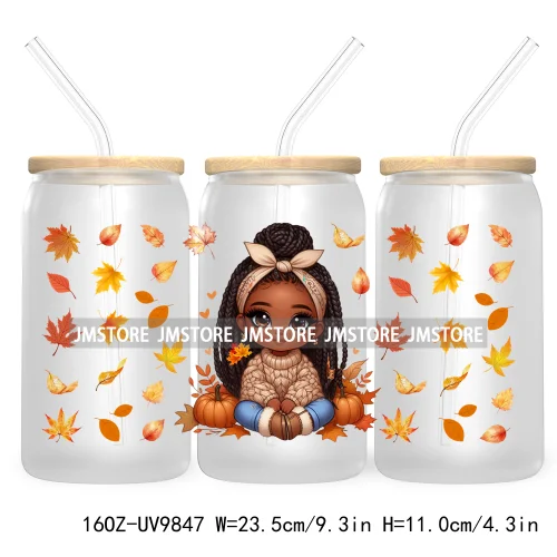 Afro African Girl 16OZ UV Cup Wrap DTF Transfer Stickers For Libbey Glass Can Cups Tumbler Fall Season Autumn Waterproof Labels