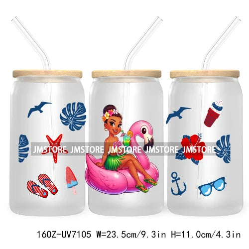 Cartoon Princess's Summer Vacation 16OZ UV DTF Cup Wrap Transfers Stickers For Libbey Glass Can Cups Tumbler Waterproof Craft