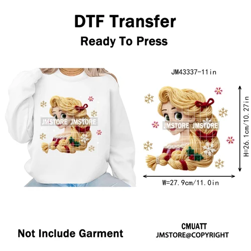 Cute Faux Knitting Yarn Princess Cartoon Character Christmas Holiday Iron on DTF Transfers Stickers Ready to Press for Hoodies