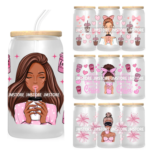 Iced Coffee Girly 16OZ UV DTF Cup Wrap Transfer Stickers Custom Labels Durable Waterproof Logo For Libbey Glass Can Coquette Bow