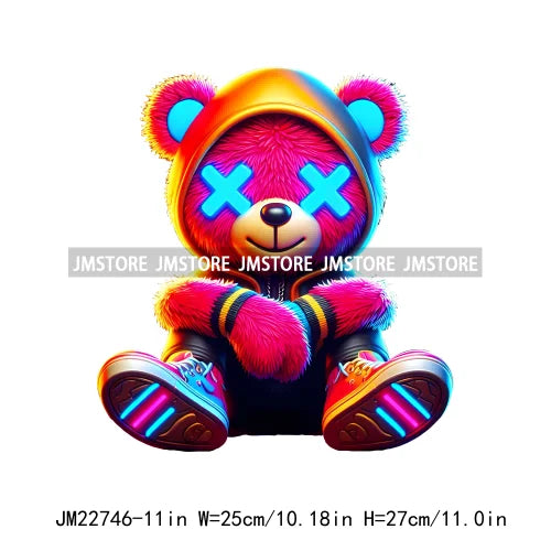 Cool Neon Colorful Hip Hop Streetwear Urban Teddy Bear Iron On DTF Transfers Stickers Ready To Press For Clothing Bags