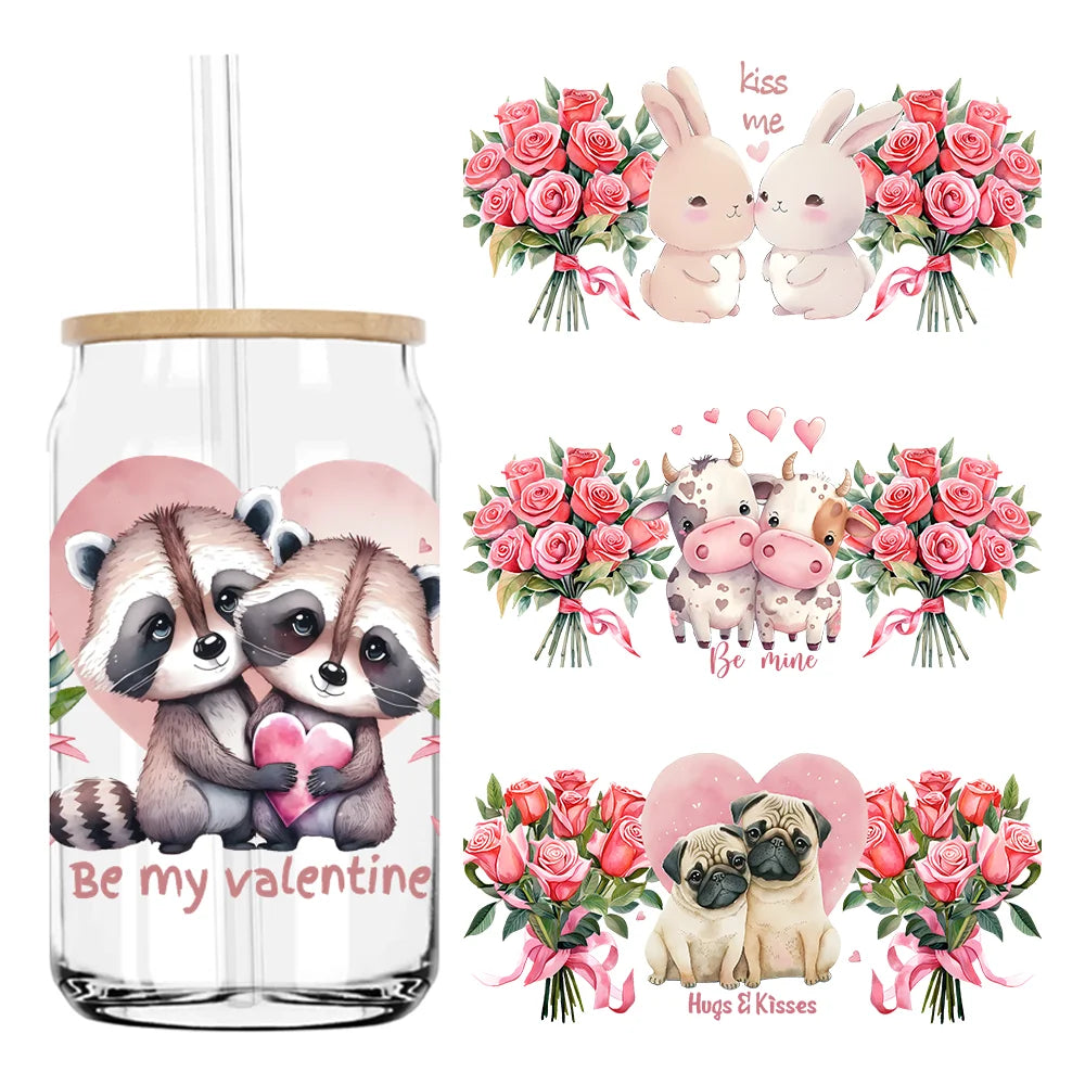 Valentine's Day Animals With Rose 16OZ UV DTF Cup Wrap Transfers Stickers Custom Labels DIY Waterproof Logo For Libbey Glass Can