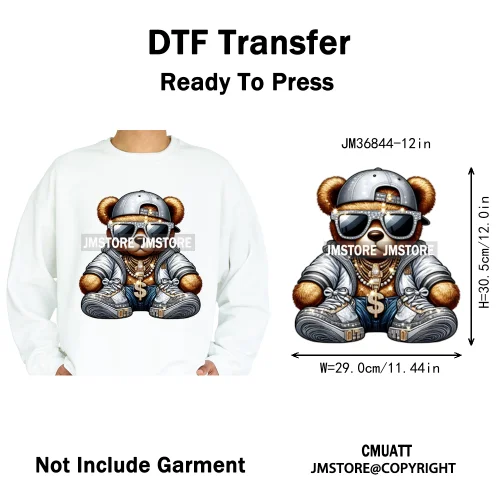 12in Hip Hop Vibes Urban Style Rich Bear With Gold Chains King Animal Iron on DTF Transfers Stickers Ready to Press for Textile