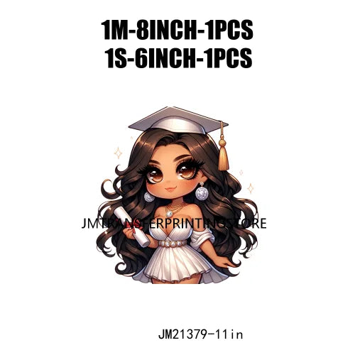 Cool Pretty Chibi Latina College Graduation Girls Educated Diploma Iron On DTF Transfer Stickers Ready To Press For T-shirts