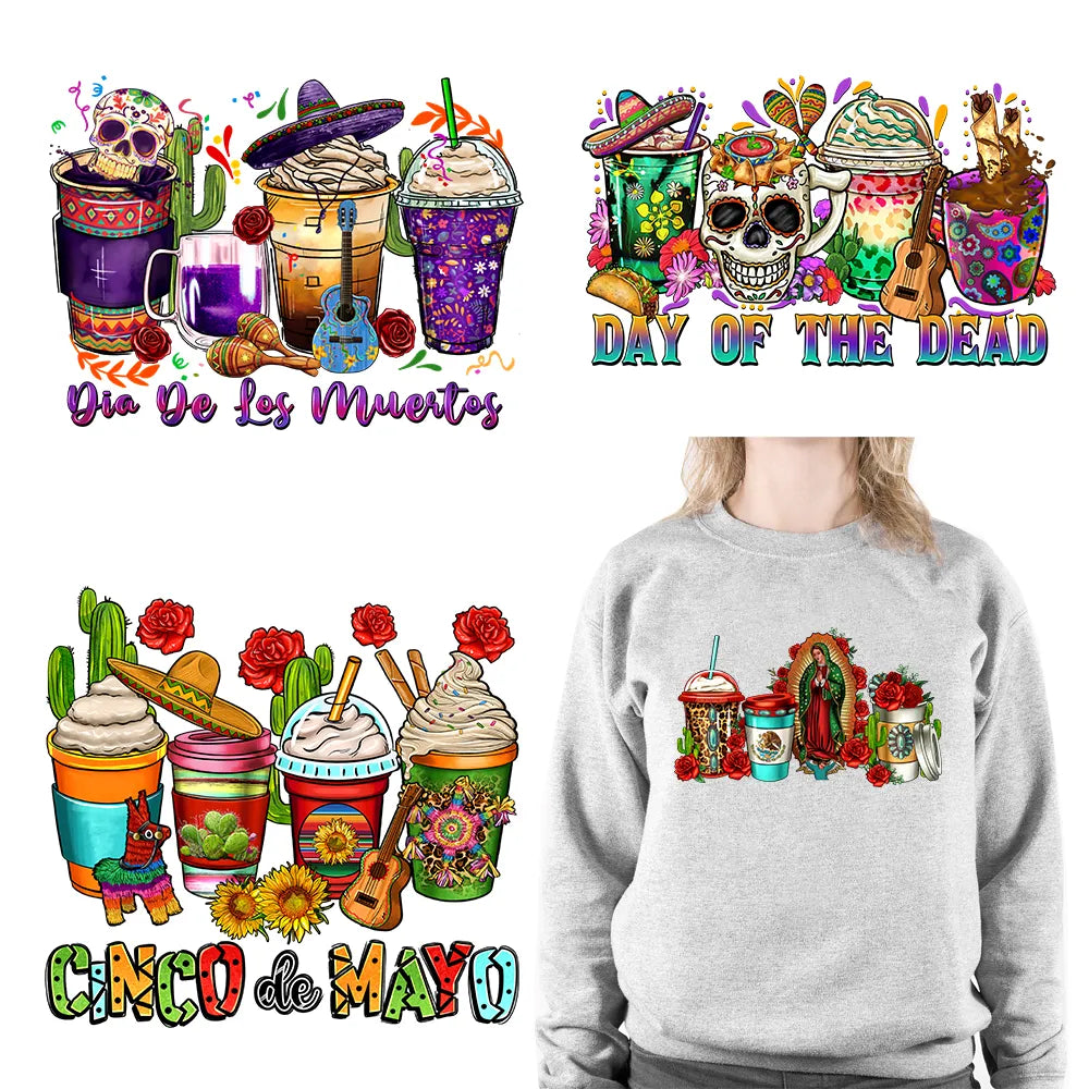 Peace Love Cafecito Cinco De Mayo Printing Decals Mexico Festival Culture Coffee Cup DTF Transfer Ready To Press For Bag Hoodies