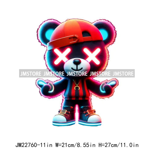 Cool Neon Colorful Hip Hop Streetwear Urban Teddy Bear Iron On DTF Transfers Stickers Ready To Press For Clothing Bags