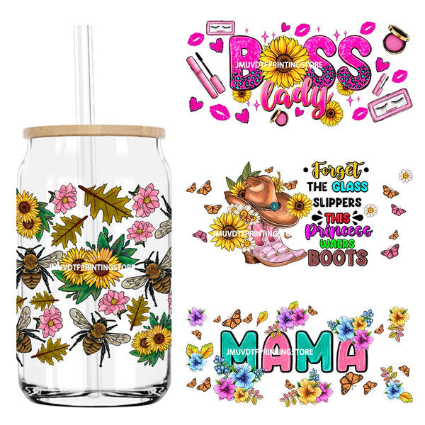 MAMA Sunflower And Butterfly UV DTF Sticker For 16OZ Libbey Glass Cup Can Wrap Transfer Sticker Custom DIY Logo Mothers Day