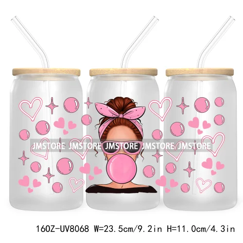 Woman With Bubble Gum Pink UV DTF Sticker For 16OZ Libbey Glass Cup Can Wrap Transfer Stickers Custom Labels DIY Logo Messy Bun