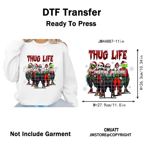 Winter Christmas Cartoon Holiday Characters Thug Life Green Iron on Washable DTF Transfers Stickers Ready to Press for Textiles