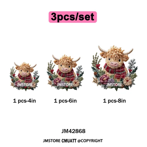 Faux Latch Hook Yarn Crochet Christmas Highland Cow Santa Iron on DTF Washable Transfer Stickers Ready to Press for Garment Bags