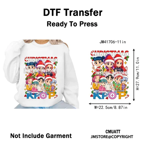 Holly Stars Gifts Happy Kpop Christmas Vibes Winter Holiday Iron on DTF Washable Transfers Stickers Ready to Press for Hoodies