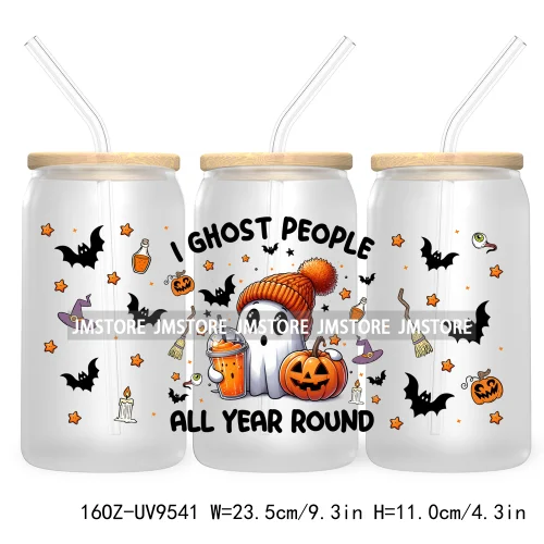 Cute Ghoul Halloween 16OZ UV Cup Wrap DTF Transfer Stickers For Libbey Glass Can Cups Tumbler Waterproof Labels Ghost Reading