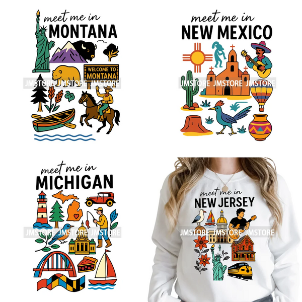 Vintage Meet Me in US State Cityscape Landmark Travel Pride Iron on DTF Washable Transfers Stickers Ready to Press for Hoodies