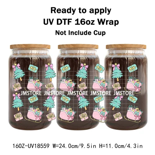 Preppy Christmas Candy Cane Xmas Tree UV DTF Cup Wrap Ready To Apply Transfer Stickers 16OZ Tumbler Wraps For Libbey Glass Can