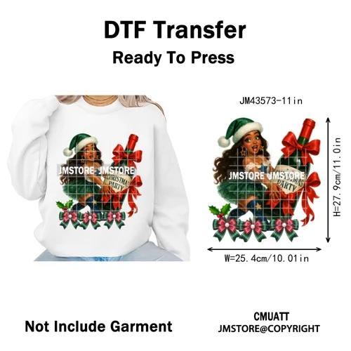 Wine Christmas Black Girls Santa Cheer Winter Holiday Party Iron on Washable DTF Transfers Stickers Ready to Press for Textiles