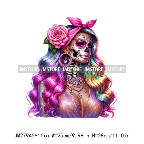 Raninbow Diamond Glamor Latina Skeleton Woman Rose Chicana  Earing Girls DTF Iron On Heat Press Transfer Stickers For Clothes