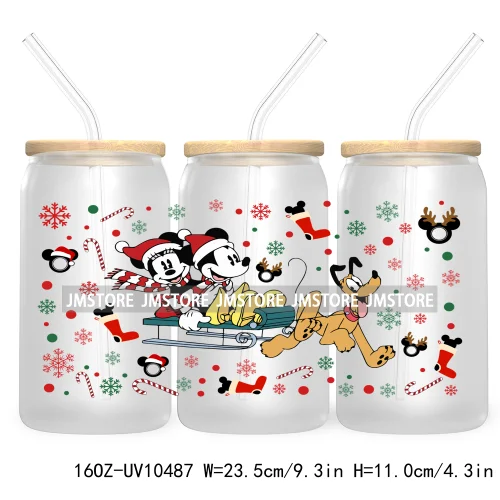 Merry Christmas Mouse UV DTF Sticker For 16OZ Libbey Glass Cup Can Wrap Transfer Stickers Custom Labels Xmas Cartoon Characters