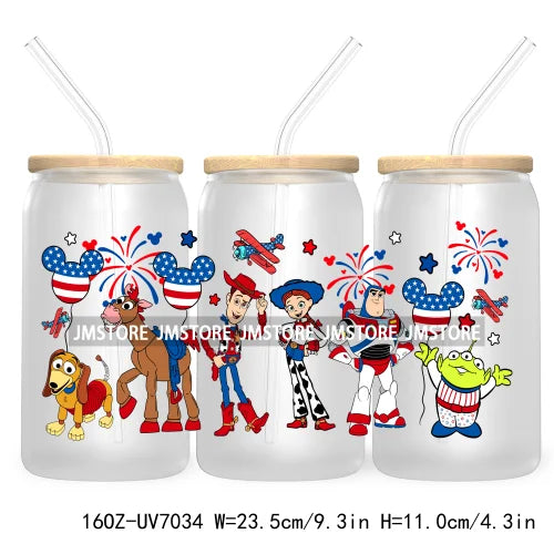 Happy 4TH Of July Cartoon Bear Friends 16OZ UV DTF Cup Wrap Transfer Stickers For Libbey Glass Can Cups Tumbler Waterproof Craft