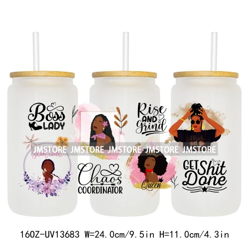 Lady Girl Power Black Woman Affirmations UV DTF Wraps Transfer Sticker Waterproof High Quality For 16OZ Libbey Glass Can Tumbler