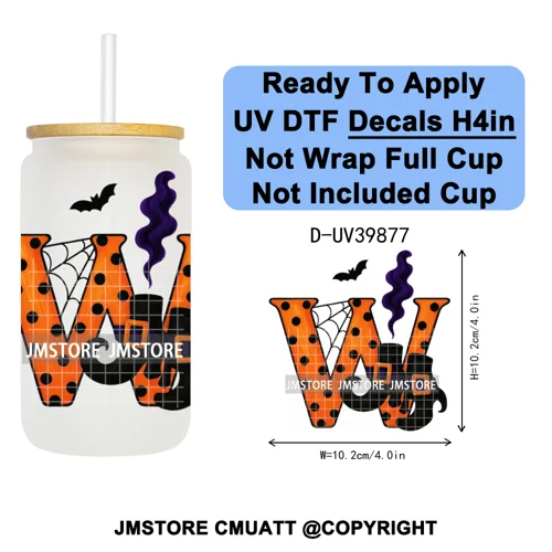 Polka Dot Pumpkin Halloween Letter Coquette UV DTF Decals Ready To Apply Waterproof Transfer Stickers For 16OZ Libbey Glass Can