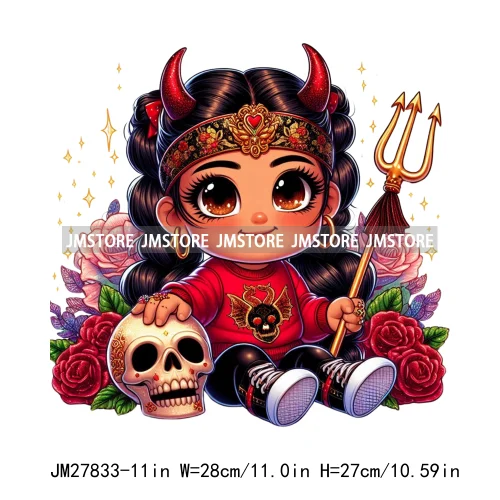 Chibi Cute Halloween Devil Latina Baby Hispanic Girls Skull Red Rose DTF Iron On Transfer Stickers Ready To Press For Sweatshirt