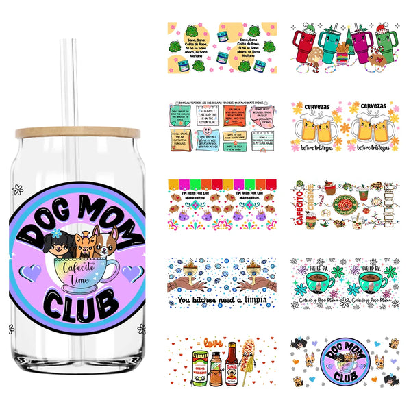 Dog Mom Club Cafecito Time 16OZ UV DTF Cup Wrap Transfer Stickers Custom Labels DIY Durable Waterproof Logo For Libbey Glass Can