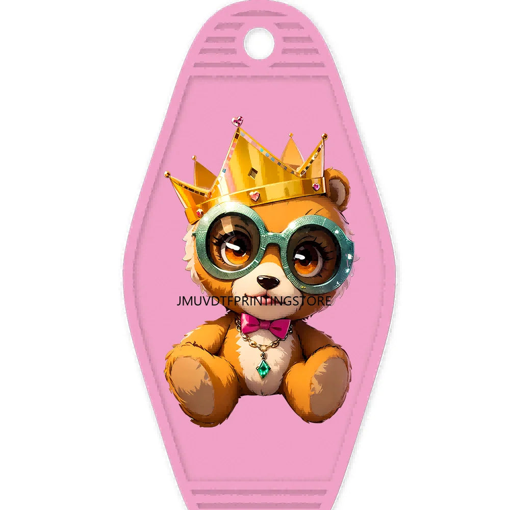 Cute Cat Girl Teddy Bears King High Quality WaterProof UV DTF Sticker For Motel Hotel Keychain Pink Cartoon Animals