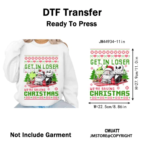 New Nightmare Horror Christmas Movie Characters Lover Iron on Washable DTF Heat Transfers Stickers Ready to Press for Clothes