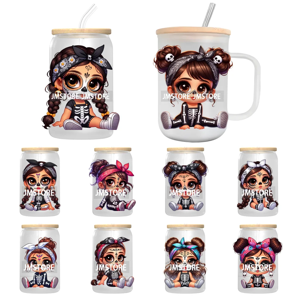 Halloween Skeleton Latina Chibi Baby UV DTF Transfer Stickers Decals For Libbey Cold Cups Mug Tumbler Waterproof Labels Princess