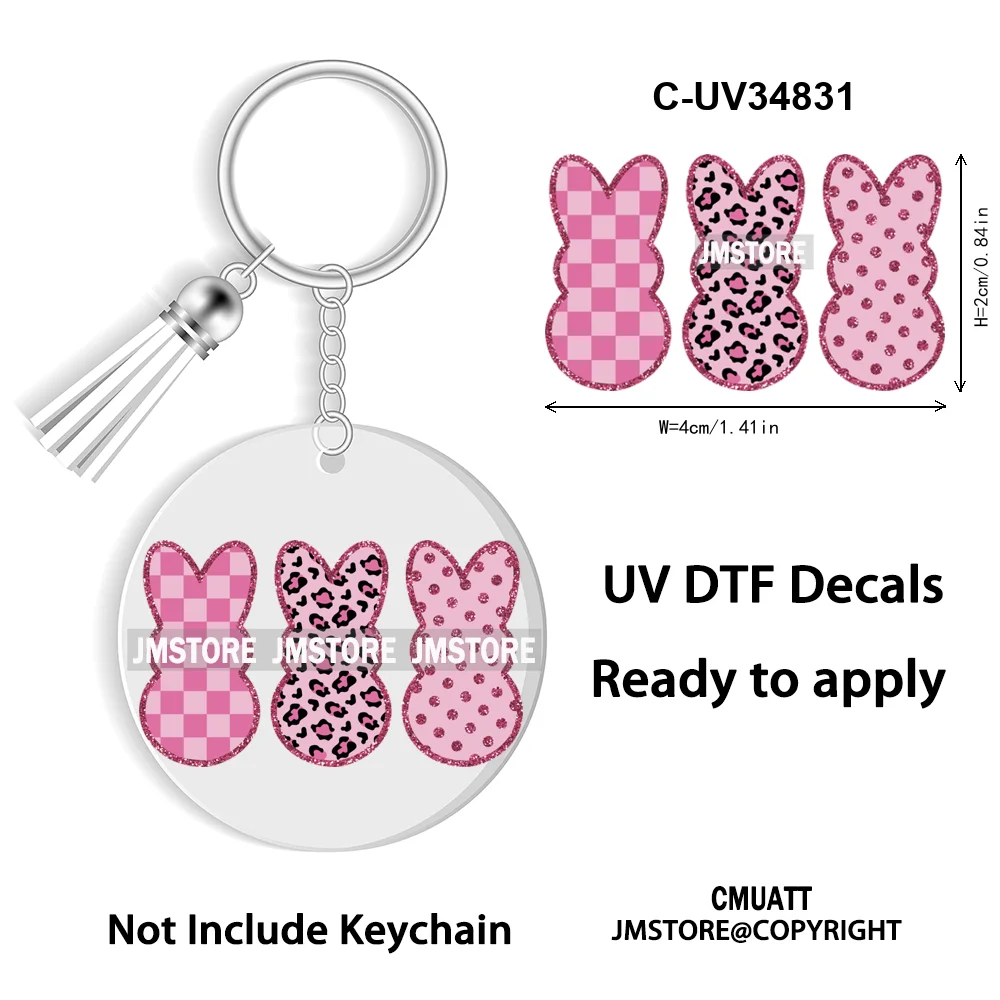 Faux Sequin Glitter Happy Easter Bow Retro Easter Bunny Blowing Bubble UV DTF Stickers for Round Circle Acrylic Keychain Keyring