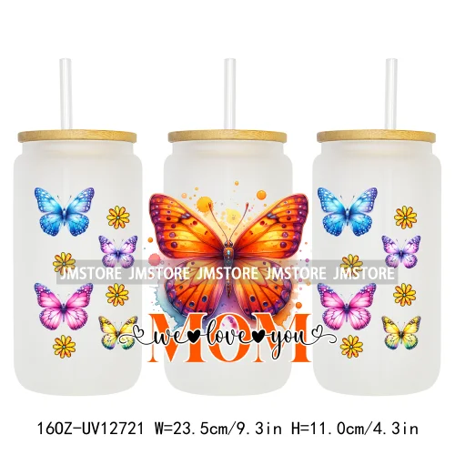 We Love You Mom Butterfly Flowers Mother's Day UV DTF Sticker For 16OZ Libbey Glass Cup Can Wrap Transfer Stickers Custom Labels