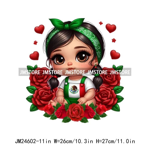 Cute Chibi Mexican Girl Designs Hispanic Red Rose Green Coquette Bow Latina Princess Iron On DTF Transfers Stickers For T-shirts