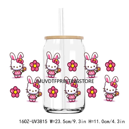 Cute Easter Bunny Cartoon UV DTF Sticker For 16OZ Libbey Glass Cup Can Wrap Transfer Sticker Custom Label DIY Logo Spring Flower