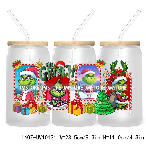 Christmas Coffee Cups Green Guy 16OZ UV Cup Wrap DTF Transfer Stickers For Libbey Glass Can Cup Tumbler Waterproof Label Cartoon