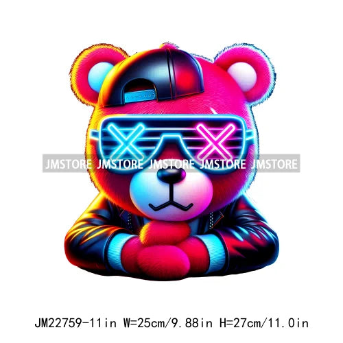 Cool Neon Colorful Hip Hop Streetwear Urban Teddy Bear Iron On DTF Transfers Stickers Ready To Press For Clothing Bags