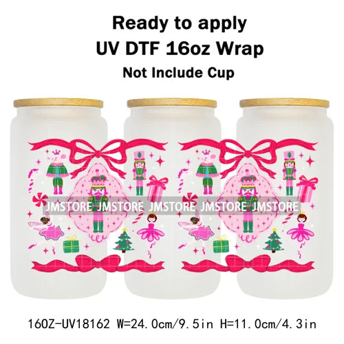 Faux Glitter Preppy Nutcracker Christmas UV DTF Cup Wrap Ready To Apply Transfer Sticker 16OZ Tumbler Wraps For Libbey Glass Can