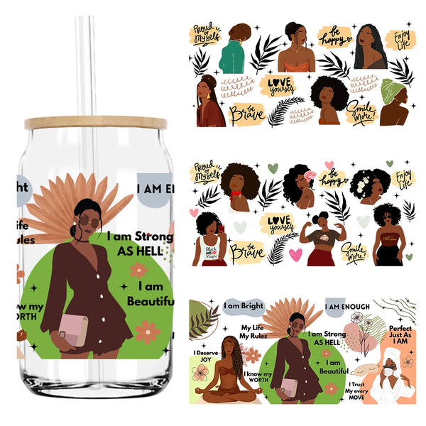 Afro Girl Woman Affirmations 16OZ UV DTF Cup Wrap Transfers Stickers Custom Labels DIY Waterproof Logo For Libbey Glass Can