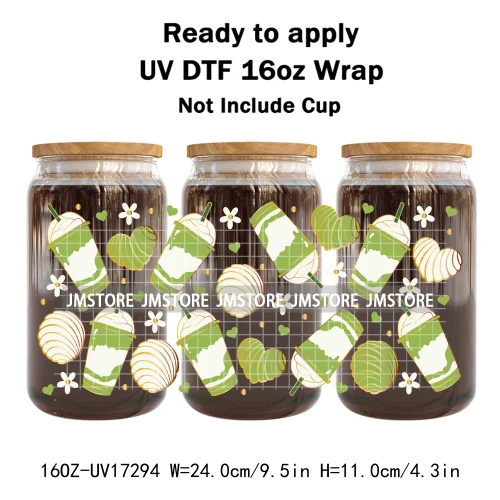 Coquette Green Tea Iced Matcha Latte UV DTF Wrap Transfer Sticker Selfadhesive Waterproof High Quality For 16OZ Libbey Glass Can