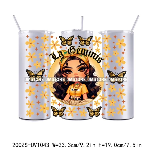 Latina Zodiac Girl Butterfly 20OZ Straight Skinny Tumbler Wrap Ready To Apply UV DTF Transfer Stickers Custom Prints For Tumbler