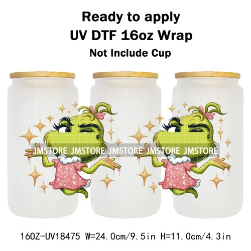 Faux Glitter Christmas Girl Green Guy UV DTF Stickers Ready To Apply Cup Wrap Custom Labels DIY Craft For Libbey Glass Can Mugs