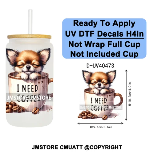 Puppy Coffee Dog Cartoon Pet Lover UV DTF Decals Ready To Apply Waterproof Transfer Stickers For 16OZ Libbey Glass Can Tumbler